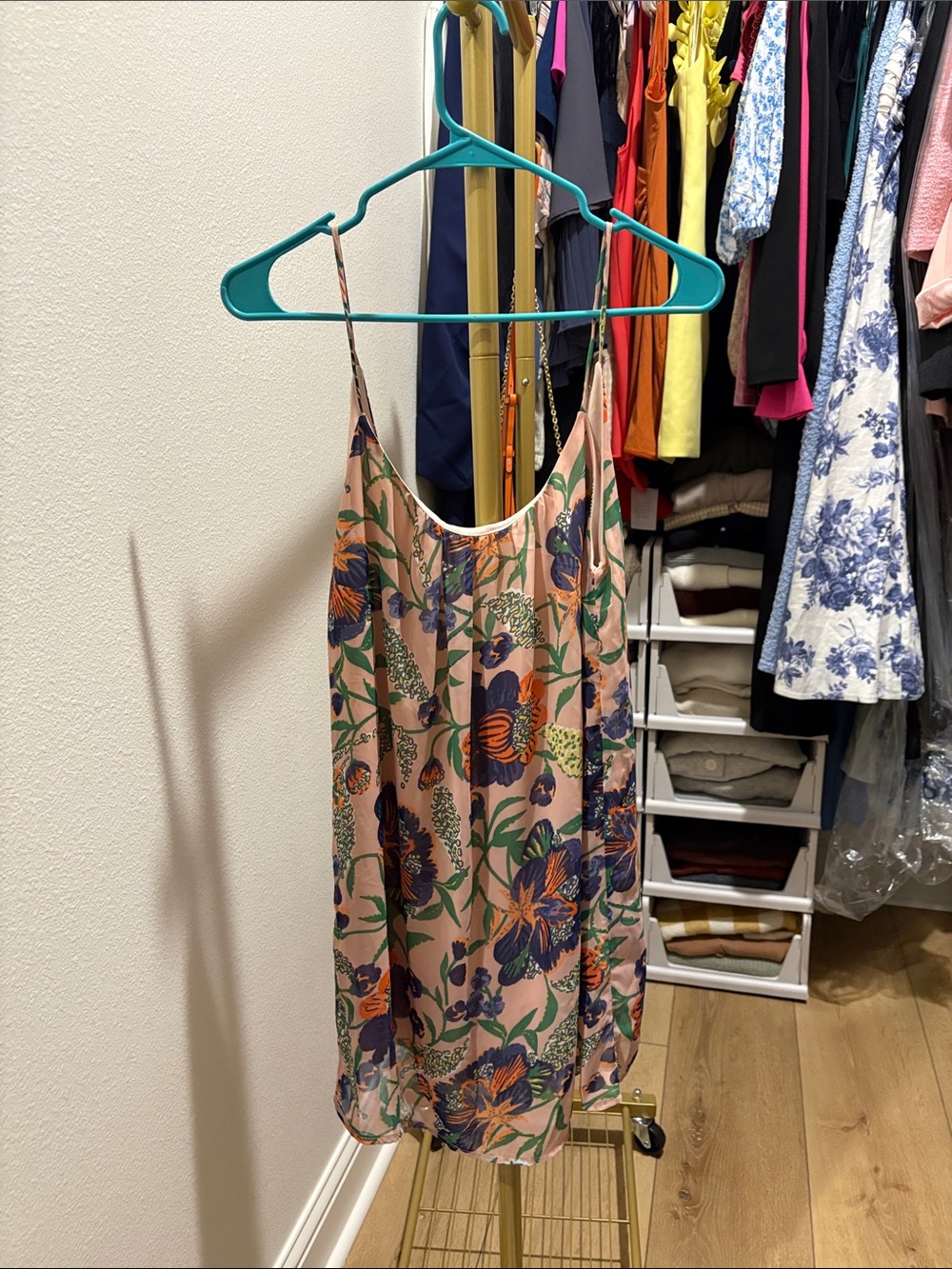 Peppermint Pink Floral Slip Mini Dress with Blue and Green Accents